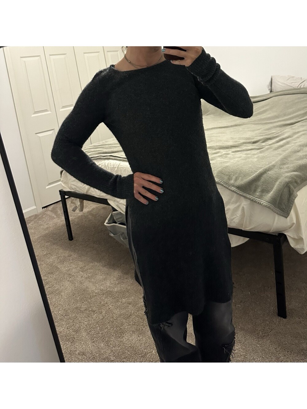Tahari Sweater Dress Womens Small S Gray 100% Cashmere Crew Neck Long Sleeve